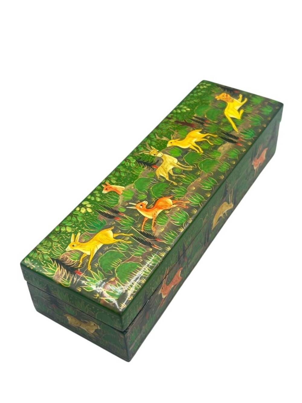Vtg Hand Painted Rectangular Trinket Box From Kashmir Woodland Forest Animals Sc